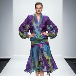 French Look Vibrant Satin Jacket & Midi Skirt Set - 80s Boho Glam